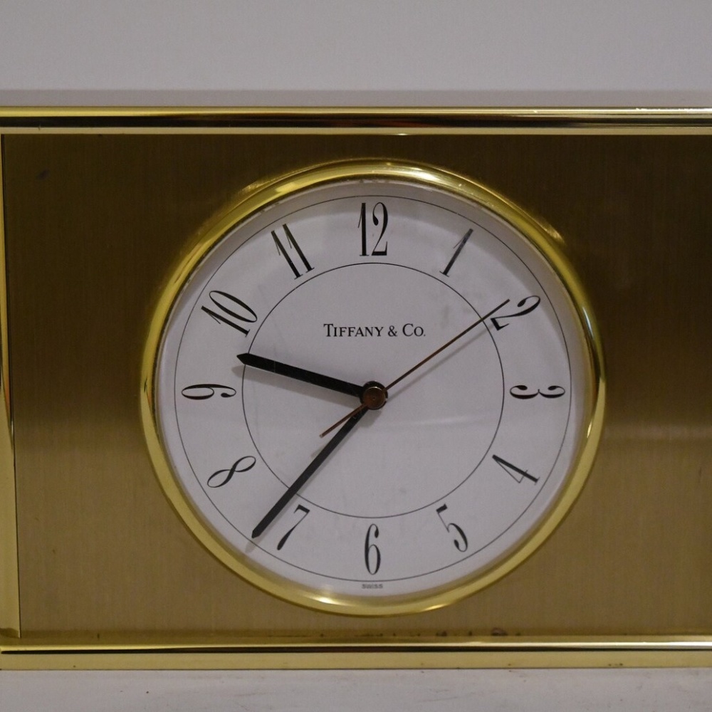 Vintage Tiffany & Co Desk Tabletop Mantel Brass Quartz Clock 1980s Swiss Made